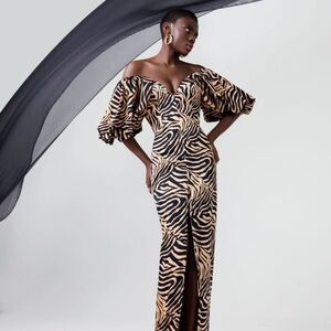 Rasario Zebra Print Off-Shoulder Evening Gown Size 4 NWT